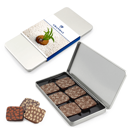 An elegant business gift for clientins as a Christmas greeting. Mid-sized 
gourmet chocolate set in a metal box with advertising. Souvenir looks very business-like, suitable for serious business meetings.