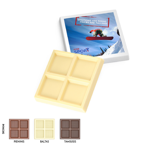 Quadratic four-piece chocolate bar with advertising label, logo, inscription 
or photo - attractive souvenir for event visitors, cafe, salon and shop clients, office guests. Great name, product or service promotion tool.