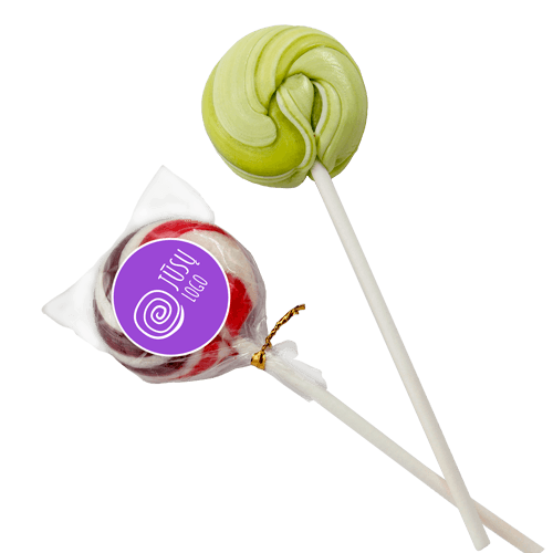 Various colors and tastes of striped spiral shaped candy on a stick with 
logo on the sticker or postcard.