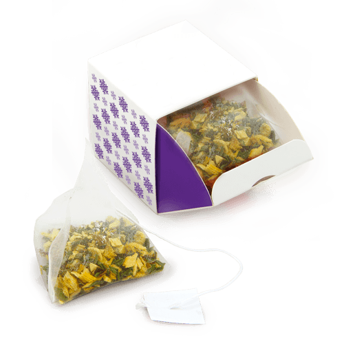 Box with tea triangles that is opened in an original way. Depending on 
the idea can be between 5 and 9 tea portions. A charge of good mood for the entire week.