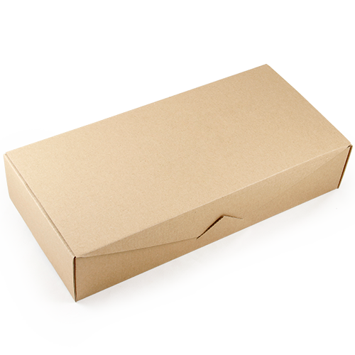Brown capacious flat gift box from corrugated cardboard. Decorated with 
ribbon or label. The box is suitable for packaging candy, various sweets, pastries and souvenirs. We will put preordered logo, produce a ribbon with the print.