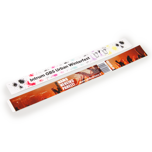 Personalized entrance strips for control and security - for events, parties, 
festivals and travel.
The bracelets are conveniently glued together.
The material is matt PP, resistant to friction and tearing.
One-sided color printing.