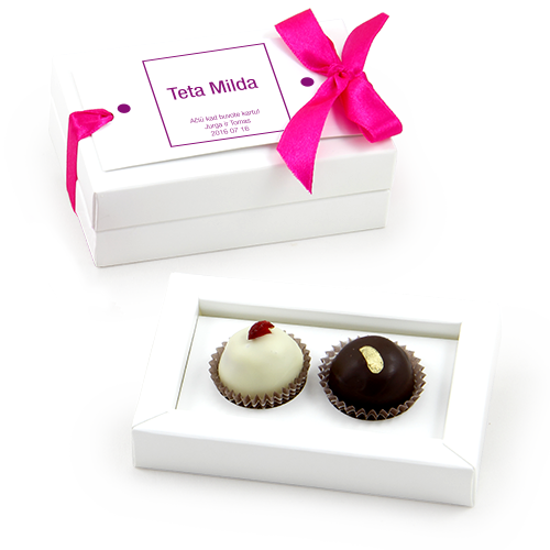Elegant white box and two very delicious truffles inside. Newlyweds photo, 
names, initials or celebration date on the card. Perfect for guests of newlyweds.