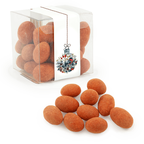 Chocolate dragee in a transparent box with advertising label. Selection 
of different colors and flavors. Extraordinary aroma, carefully selected nuts, northern berries, sour and sweet fruits of high quality in Belgian chocolate. We can produce sweets according to an individual recepy.
