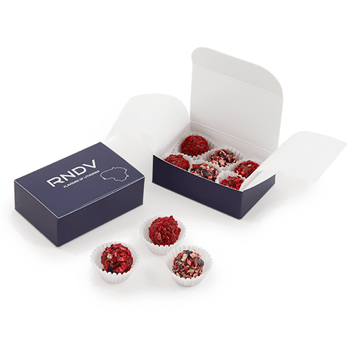 Elegant box with truffles can become your company's business card. The 
logo on the box, on the colored sleeve or on the satin ribbon.