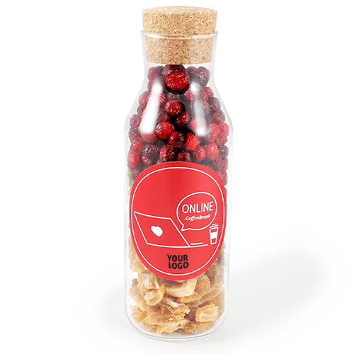 Organic fruits and berries in a glass container with a stopper. Amber quince, 
green juicy rhubarb and large cranberries.

In the container, it is arranged in the Lithuanian tree-color combination. 
A solid healthy business gift for an important client as well as a team of partners.