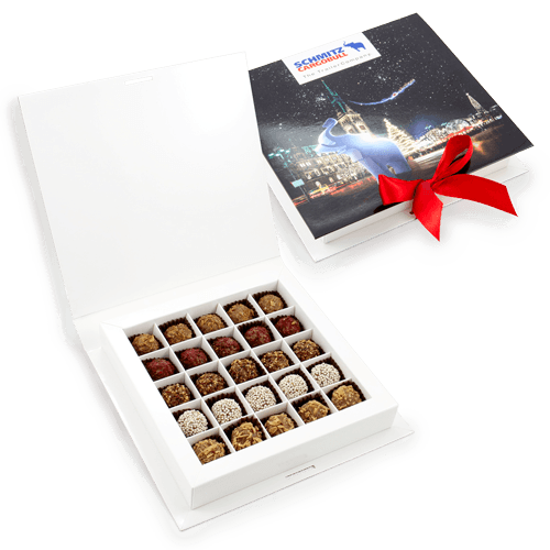 Different flavors of truffles in the book shaped souvenir with the logo 
or advertising on the cover. Wide ribbon in selected color.