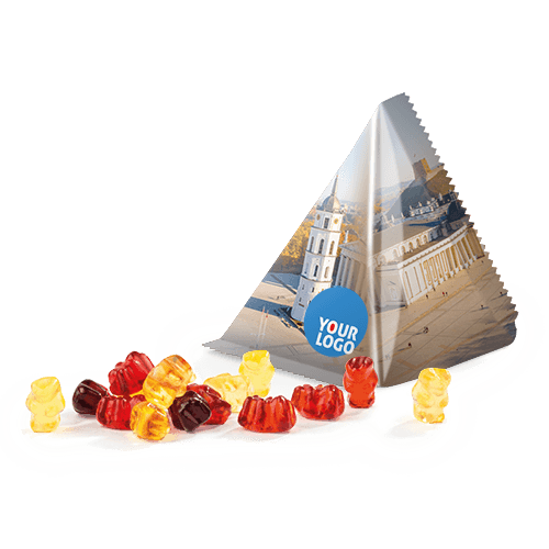 The most popular gummy candies in the world BEARS in the original pyramid-shaped 
advertising packaging with the logo.