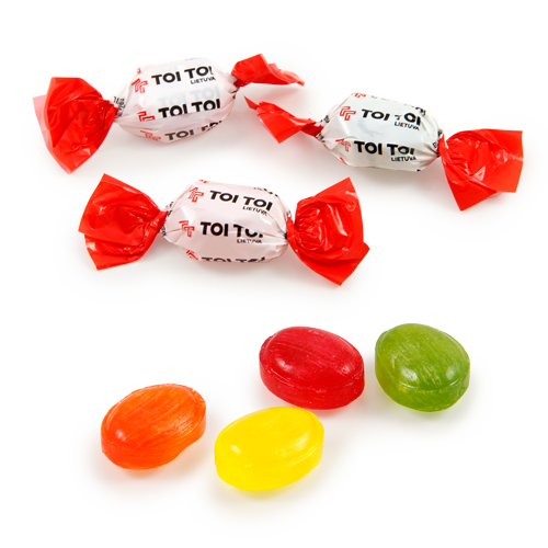 Fruit taste hard caramel pack with the logo. The most popular promotional 
candies are suitable for division at the event or exhibition. When ordering 100 kg and more, the choice from highly abundant flavors of candies is available.