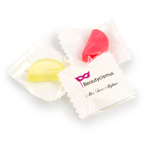 Three-color hard candies in the shape of citrus slices in a paper package 
with a promotional message. Promotional sweets draw consumers' attention to your company's name. Candies with a logo are often ordered by service companies, salons and companies in the HoReCa sector.
