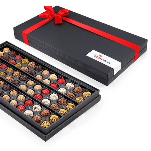 A spectacular sized luxurious set of of truffels in different tastes in 
the black box. The logo can be carved on the cover, printed on the sticker or on the satin ribbon.