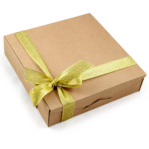 Brown capacious gift box from the corrugated Cardboard. Decorated with 
ribbon or label. The box is suitable for packaging candy, various sweets, pastries and souvenirs. We will put preordered logo, produce a ribbon with the print.