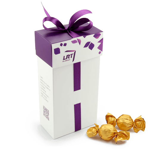 The classic shape candy box with the logo. 

The candies are wrapped in gold-colored paper. You can choose the color 
of the candy labels if Your order will be larger than 300 pcs. Colors: blue, pink, black, green, white and silver.