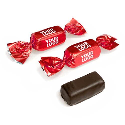 Šokoladiniai saldainiai su reklamine etikete. Tinka padalinti rengiant 
reklaminę akciją. Saldainius galima užsakyti fasuotus į maišelius po 8-10 vnt. su priderintos spalvos kaspinėliu.