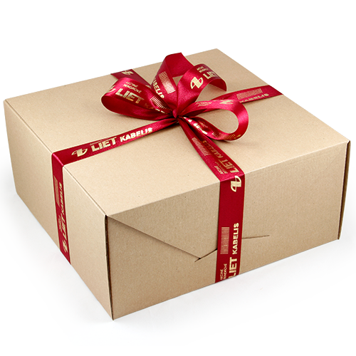 Brown high gift box from corrugated cardboard. Decorated with ribbon or 
label. The box is suitable for packaging candy, various sweets, sets, cakes and souvenirs. We will put preordered logo, produce a ribbon with the print.