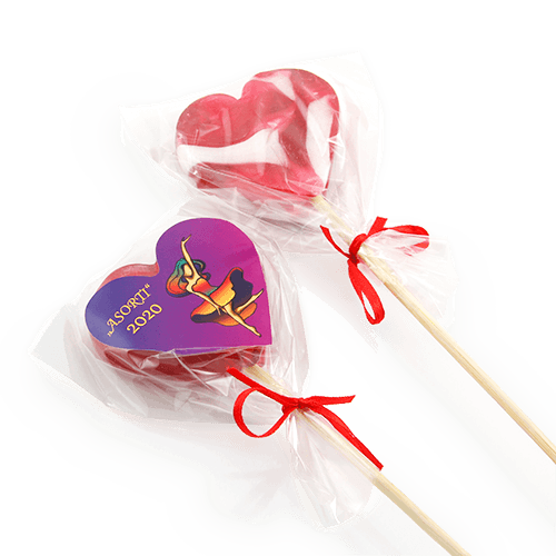 Strawberry flavor heart-shaped candy on a wooden stick ideal for valentine's 
greetings. For each employee, you can send sweet gifts with his name and Valentine's day greeting. Suitable for a theme or occasional online event. You can choose the color and taste of the candy according to the colors of the logo.