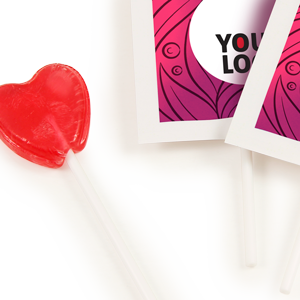 Promotional lollipop I HEART I in paper packaging with logo | saldireklama.lt