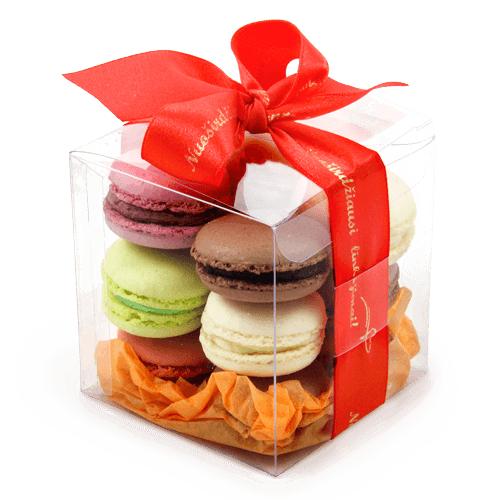 Colorful Christmas Macarons set of almond delicacies. Transparent box with 
company logo on the label or ribbon.