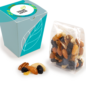 Riešutai ir sausi vaisiai | dėžutėje SNACK box | Tvarios dovanos su logo | saldireklama.lt