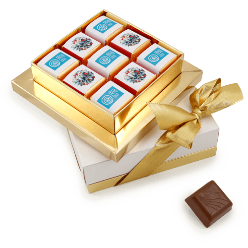 Luxurious business class box with chocolate ingots. 

 The bottom is gold, silver or adjusted to the cover. 
 Logo on the cover. Logos on labels. Ribbon in selected colors.