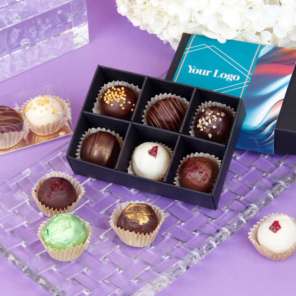 Rankų darbo triufeliai AKIMIRKOS 6 | PREMIUM KLASĖ | dėžutėje su logo | saldireklama.lt