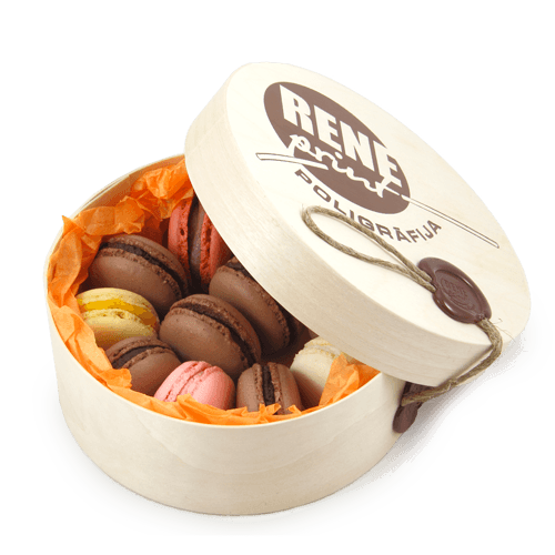 Almond delicacies Macarons in round wooden box with the logo - an original 
gift for company partners and clients. Design: drawing or logo on the cover, imprint on embossed wax seal, a decorative cord.