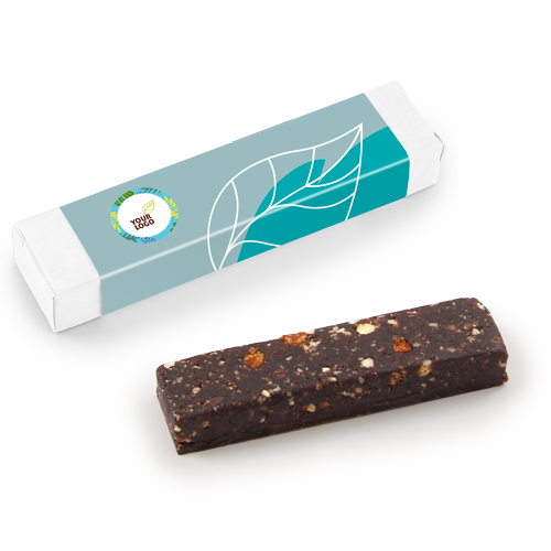 Promotional bar - a popular edible business gift for employees, buyers, 
participants of conferences and events.
The 100% organic bar is made with no added sugar, gluten-free, lactose-free, 
caffeine-free, GMO-free. The snack is suitable for vegans.
These energy bars are unique in that instead of chocolate, they are made 
using carob (sweet carob) powder, which, unlike chocolate, does not contain sugar and caffeine. Bar boxes and advertising labels with a logo are made of paper, the inner packaging (foil) is made of 