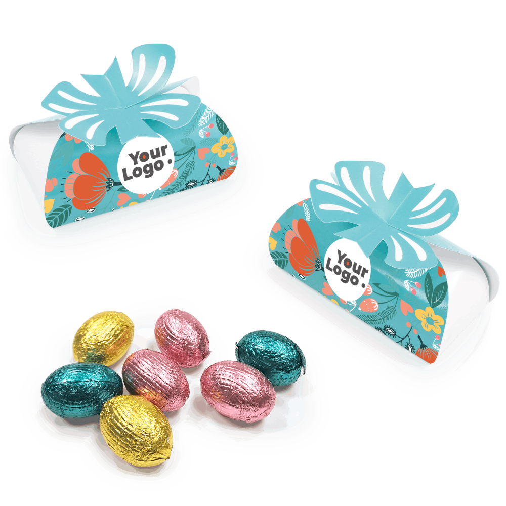 Velykniai šokoladiniai kiaušiniai dėžutėje | KASPINĖLIS 2 | su logo | saldireklama.lt