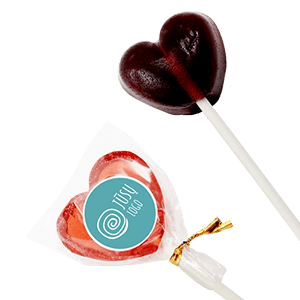 Reklaminis saldainis | guminukas ant pagaliuko ŠIRDELĖ | etiketė su logo 