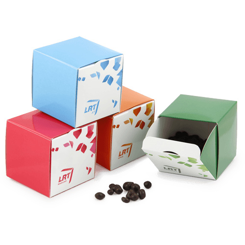 Small candy box with logo. The cube box can be open in an original way. 
The advertising souvenir has a lasting value. The box is later convenient to store small office supplies.