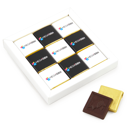 Informatyvus ir išraiškingas reklaminis šokoladukų rinkinys baltos spalvos dėžutėje. Dangtelis – iš skaidraus plastiko. Šokoladukai su logotipu, nuotrauka arba piešiniu. 