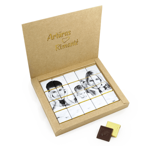 Occasional set of chocolates. The white box opens like a book. The chocolates 
are placed forming a photo or mosaic from wishes. On the cover - medallion with photo, initials or individual greeting. Decorated with ribbon. TExt is carved on the naturally brown box.