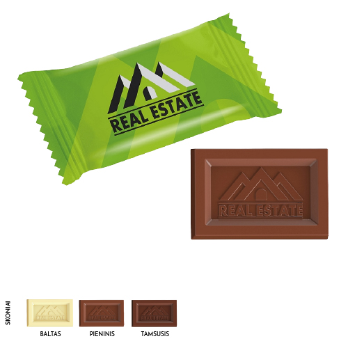 Šokoladukas su iškeltu reljefiniu logotipu reklaminiame pakelyje (flow-pack) - renginių, kavinių ir parduotuvių lankytojams, biuro svečiams. Puikus sprendimas, kai ieškote išskirtinio dizaino šokolado. 