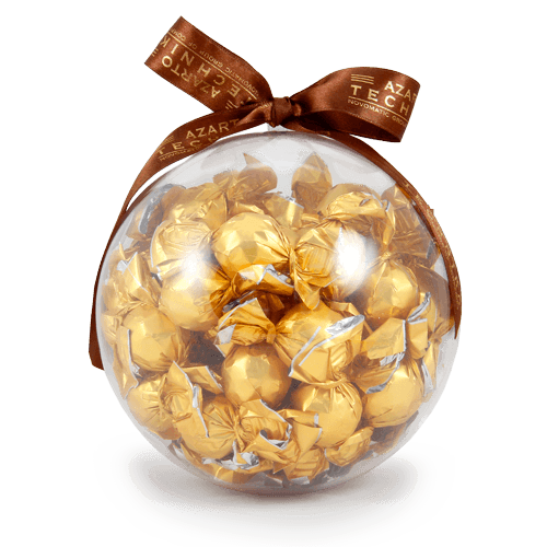Šokoladiniai saldainiai skaidraus plastiko pakuotėje. Didelė ir įspūdinga 
kalėdinė dovana kolektyvui su šokoladiniais saldainiais. Šią pakuotę 
galima įsigyti be saldainių.