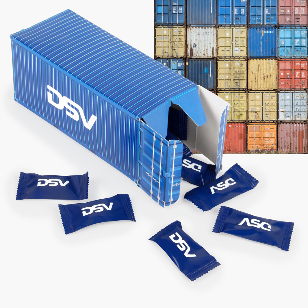 Reklaminė dėžutė su karameliniais saldainiais | KONTEINERIS |  Transporto įmonėms | saldireklama.lt