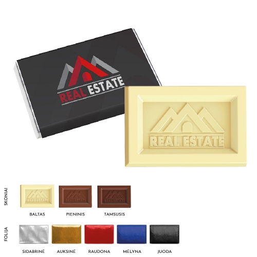 Chocolate with advertising label and raised embossed logo. A great solution 
when looking for a chocolate with exclusive design.