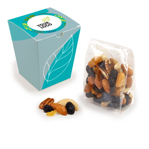 A universal edible gift - a nut and dried fruit snack in a sustainable 
box with company logos - suitable for trainings, conferences and exhibitions. The nutritious, healthy mix often called 