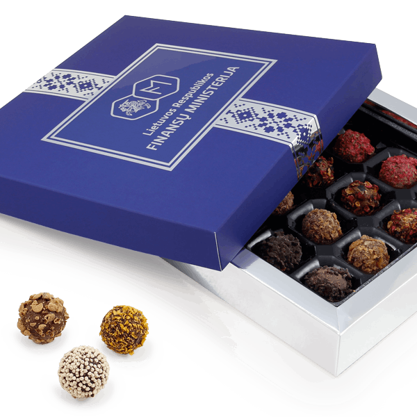 Rankų darbo šokoladiniai triufeliai | Collection 16 | dėžutėje su logo  | saldireklama.lt
