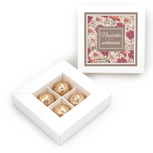 Vardinė šokoladinių saldainių dėžutė. Subtili ir elegantiška dovanėlė. 
Dėžutė baltos spalvos. Dekoravimas: medalionas su nuotrauka.