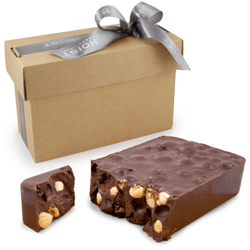 Chocolate ingot in souvenir brown carton with logo on the selected color 
ribbon. A great festive business gift.