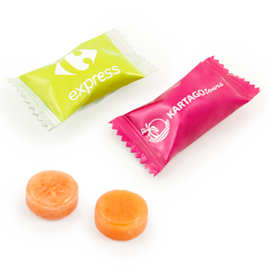 Reklaminis saldainis | KARAMELĖ | FLOWPACK pakuotėje su logo | saldireklama.lt