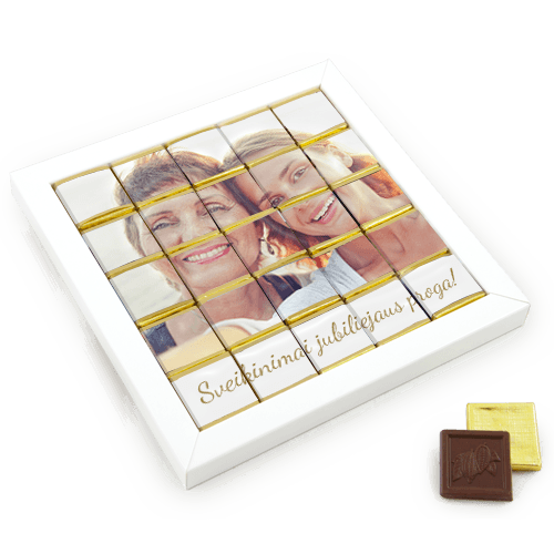 Chocolate set in a white or naturally brown frame. Personalized gift a 
festive occasion. Suitable for birthday, weddings, personal celebrations, anniversary. There may be a large photo or many different photos and wishes.