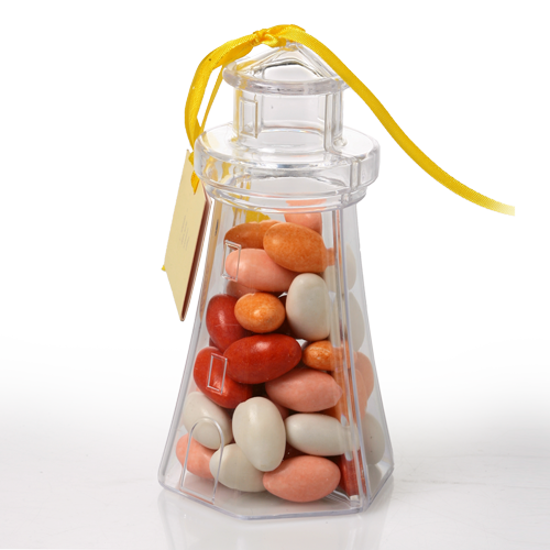 Stylized lighthouse box from transparent plastic with eyehole for hanging 
or ribbon. Box is made from two lockable parts. Suitable for small souvenir or candy packaging or as a decoration.
