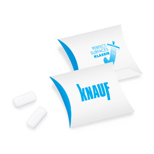 Chewing gum pillows in souvenir box with the logo.