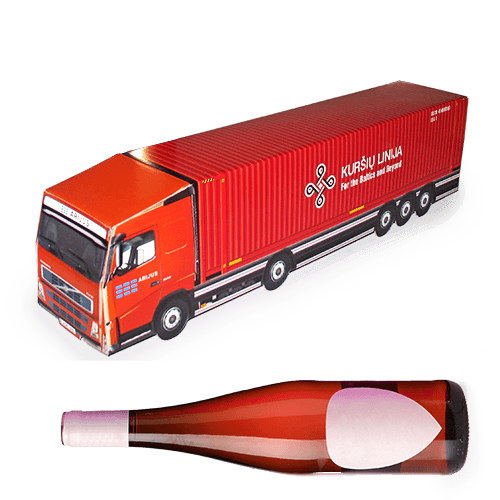 Stilizuota vilkiko formos reklaminė dėžutė vynui arba šampanui. Iš gautų nuotraukų sukuriame artimą konkretaus sunkvežimio modelį. Siūlome gėrimus komplektuoti su įvairiais saldumynais.
 