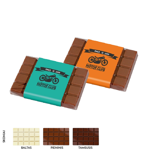 Klasikinio dizaino šokolado plytelė skaidrioje pakuotėje su reklamine 
etikete ir logotipu. Puiki vardo, produkto arba paslaugų populiarinimo priemonė.