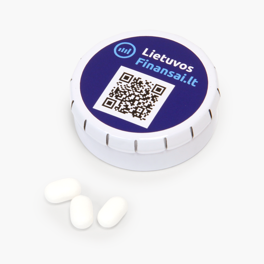 Mint pastilles | QUICK BOX Ø45mm | promotional tin box (white, silver) | saldireklama.lt